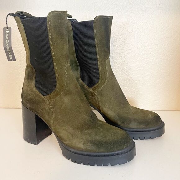 Emanuele Crastro Chelsea Boot Suede Chunky Heel olive Distressed NWOB 41 - Picture 3 of 9